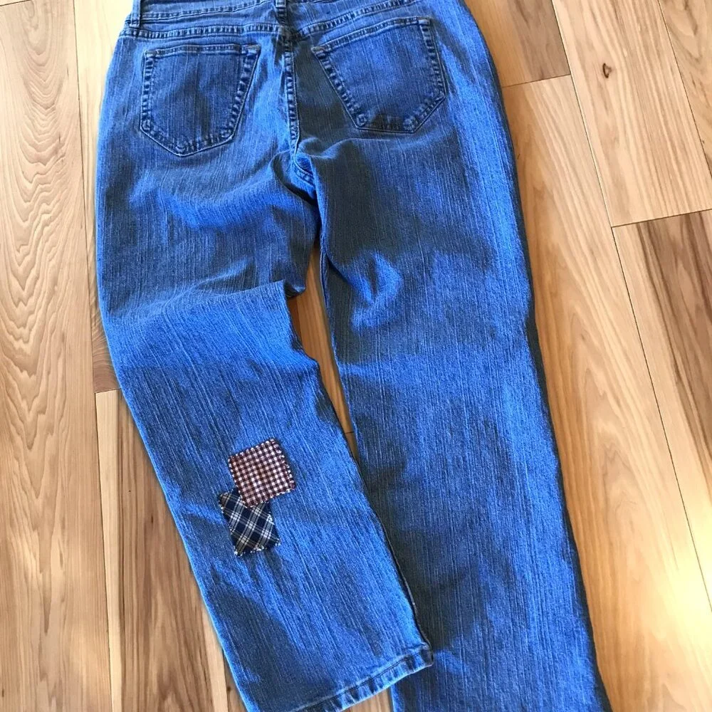 Upcycled Patchwork Jeans, Spring Garden Sunflower Plaid Patches Reworked Sz 16P